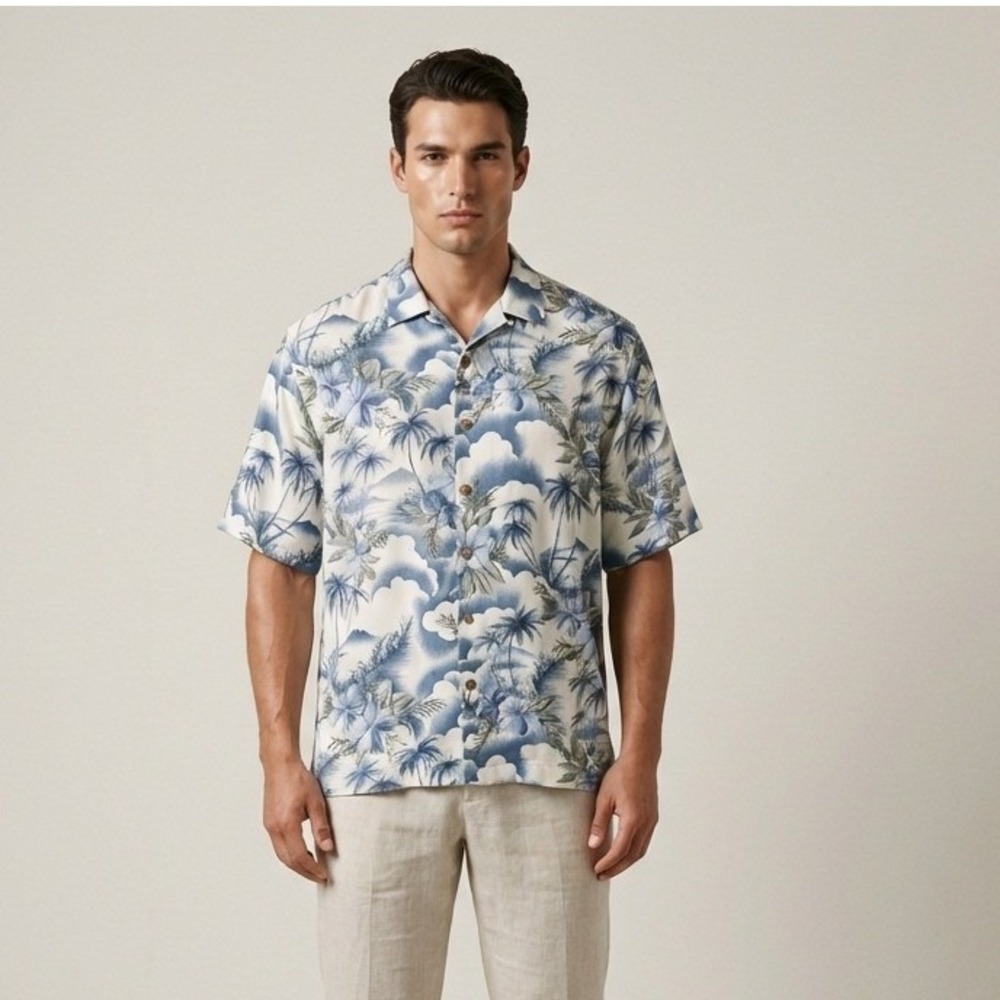 Tommy‎ Bahama Mens XL Silk Aloha Hawaiian Shirt Palm Tree Floral Beach Vacation